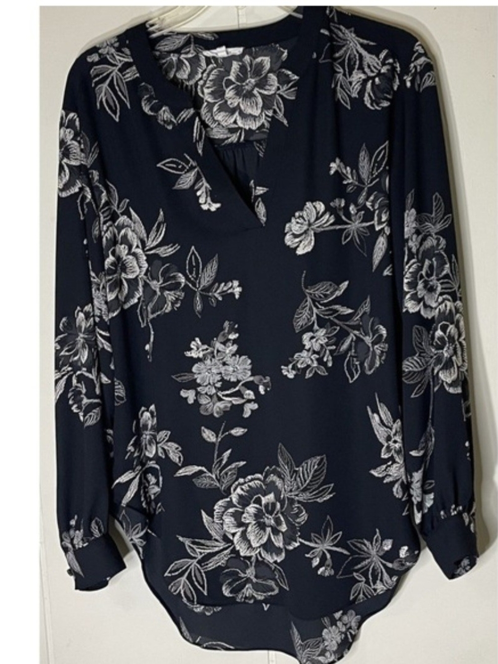 Maurices Navy Long-Sleeve Floral V-Notch Blouse
